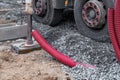 truck on a hydraulic foot at a construction site