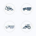 Tractor, truck icons set with higher lift, tiller