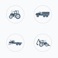 Tractor, truck icons set with higher lift, tiller