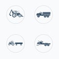 Tractor, truck icons set with higher lift, tiller
