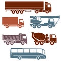 Truck icons set isolated on white background. Vector collection of vehicles: Concrete mixer truck, Truck crane, Dump truck, Truck Royalty Free Stock Photo