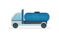 Truck with large blue water tank. Heavy machine with container for liquids. Urban transport. Flat vector icon