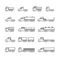 Truck line icons. Delivery trailers, cargo trukcs, dumpers and van. Transportation vector outline isolated symbols