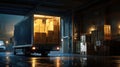 The truck loaded with boxes in a dimly lit warehouse at night..AI generated image Royalty Free Stock Photo