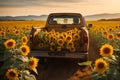 A truck loaded with sunflowers from a garden Royalty Free Stock Photo