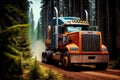 truck with logging equipment speeding through forest, down trees