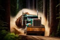 truck with logging equipment speeding through forest, down trees Royalty Free Stock Photo