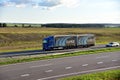 Truck Mercedes-Benz Actros with Semi-trailer driving along highway. ELMEX Spedition Logistics Group BELARUS, MINSK - September