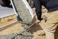 Truck mixer pouring concrete cement for construction sidewalk Royalty Free Stock Photo