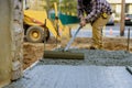 Truck mixer pouring concrete cement for construction sidewalk Royalty Free Stock Photo