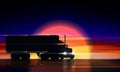 Truck moves on highway at sunset. Classic big rig semi truck with headlights and dry van on night road background of a sunset