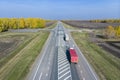 Truck moving along the highway, drone photo