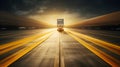 Truck moving on the road against the setting sun. Royalty Free Stock Photo