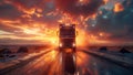 Truck navigating snowy road at sunset, beneath a colorful sky Royalty Free Stock Photo