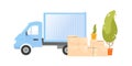 Truck near a pile of cardboard boxes with belongings and houseplants vector flat illustration. Cargo transportation for