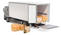 Truck with parcels and pallet truck with cardboard boxes. Freight transportation, delivery concept. 3D rendering