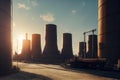 a truck is parked in front of a large factory with smoke stacks in the background at sunset or dawn