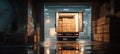 The truck is parked inside a well-lit warehouse filled with stacked boxes. AI generated image Royalty Free Stock Photo