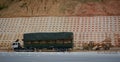 A truck parking on mountain road near Huu Nghi Border Gate in Lang Son, Vietnam