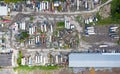 Truck Parking and other vehicles in the industrial area, summer, grass asphalt, hangar aerial view from above. Trucks on loading Royalty Free Stock Photo