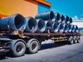 Truck receives steel wire rod from warehouse container unstuffing area. Royalty Free Stock Photo