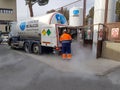 Truck recharging the oxygen and nitrogen large tanks of a hospital