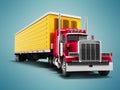 Truck red with yellow trailer 3d render on blue background with