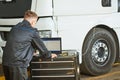 Truck repair service. Mechanic makes computer diagnostic of the semitruck