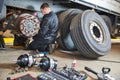 Truck repair service. Mechanic works with brakes in truck workshop Royalty Free Stock Photo