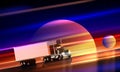 Truck rides on highway in space. Classic big rig semi truck with dry van on night road on a colorful cosmic background starry sky