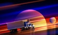 Truck rides on the highway in space. Classic big rig semi truck with dry van on the night road on a colorful cosmic background