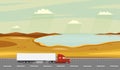 Truck on the road. Autumn rural landscape with lake. Heavy trailer truck. Royalty Free Stock Photo