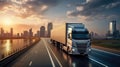 Truck on the road with cityscape background at sunset, transportation and logistics concept Royalty Free Stock Photo