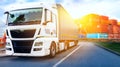 Truck transport container . Truck on the road . Royalty Free Stock Photo