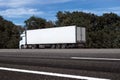 Truck on the road, side view, empty space on a white container - concept of cargo transportation, trucking industry Royalty Free Stock Photo