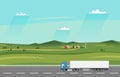 Truck on the road. Summer rural landscape with farm. Heavy trailer truck. Royalty Free Stock Photo