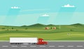 Truck on the road. Summer rural landscape with farm. Heavy trailer truck. Royalty Free Stock Photo