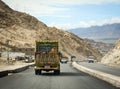 Truck running on mountain road in Ladakh, India