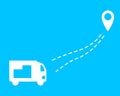 Truck with sending. A car with a dotted line and geolocation. Flat design