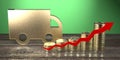 Truck shape, coins, upwards arrow - chart concept - 3D rendering