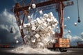 A truck is shown in the process of dumping a substantial quantity of cubes onto the ground, Ship crane lift-off slings of sugar