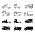 Truck silhouette and line icons. Shipping, cargo trukcs, dumpers and van