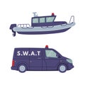 Truck with Siren and Motor Boat as SWAT Vehicle or Rescue Vehicle and Police Tactical Unit Vector Set Royalty Free Stock Photo