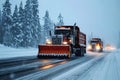A snowplow on the highway during a heavy snowfall in winter