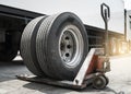 Truck spare wheels tires waiting for to change. Semi-truck. Maintenance and Repairing.