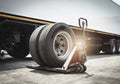 Truck spare wheels and tires waiting for to change. trailer wheel maintenance