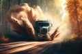 truck speeding through forest, kicking up dust and leaves in its wake Royalty Free Stock Photo