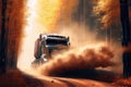 truck speeding through forest, kicking up dust and leaves in its wake Royalty Free Stock Photo