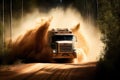 truck speeding through forest, kicking up dust and leaves in its wake Royalty Free Stock Photo