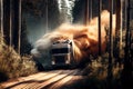 truck speeding through forest, kicking up dust and leaves in its wake Royalty Free Stock Photo